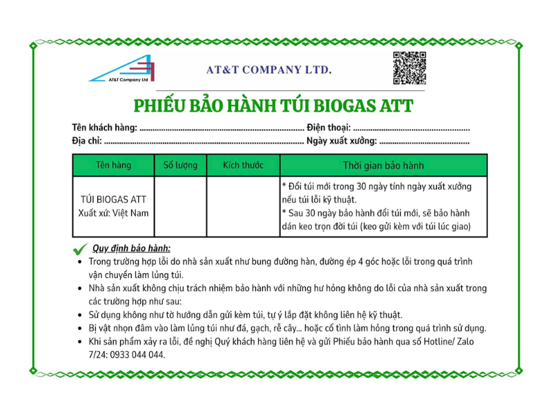 Phiếu Bảo Hành Túi Biogas